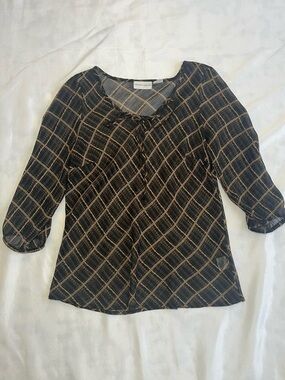 Jacklyn Smith Black and Gold Chain Plaid Sheer Peasant Cover Up Blouse Small
